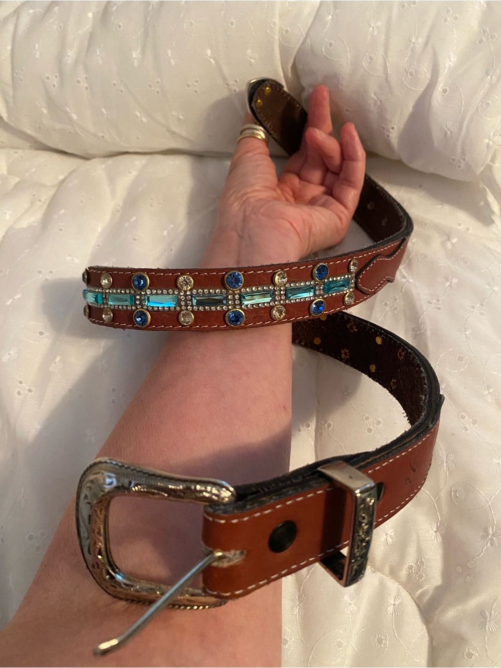 HANDCRAFTED  Belt Turquoise and Blue sequins  silver tone buckle size 26